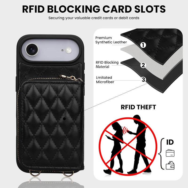 Keallce Case for iPhone Air 6.5'' Wallet Case, Crossbody Zipper Purse with Wrist Strap Lanyard Handbag, RFID Blocking Card Holders, Kickstand Flip Leather Cover for iPhone 17 Air, Black - Image 4